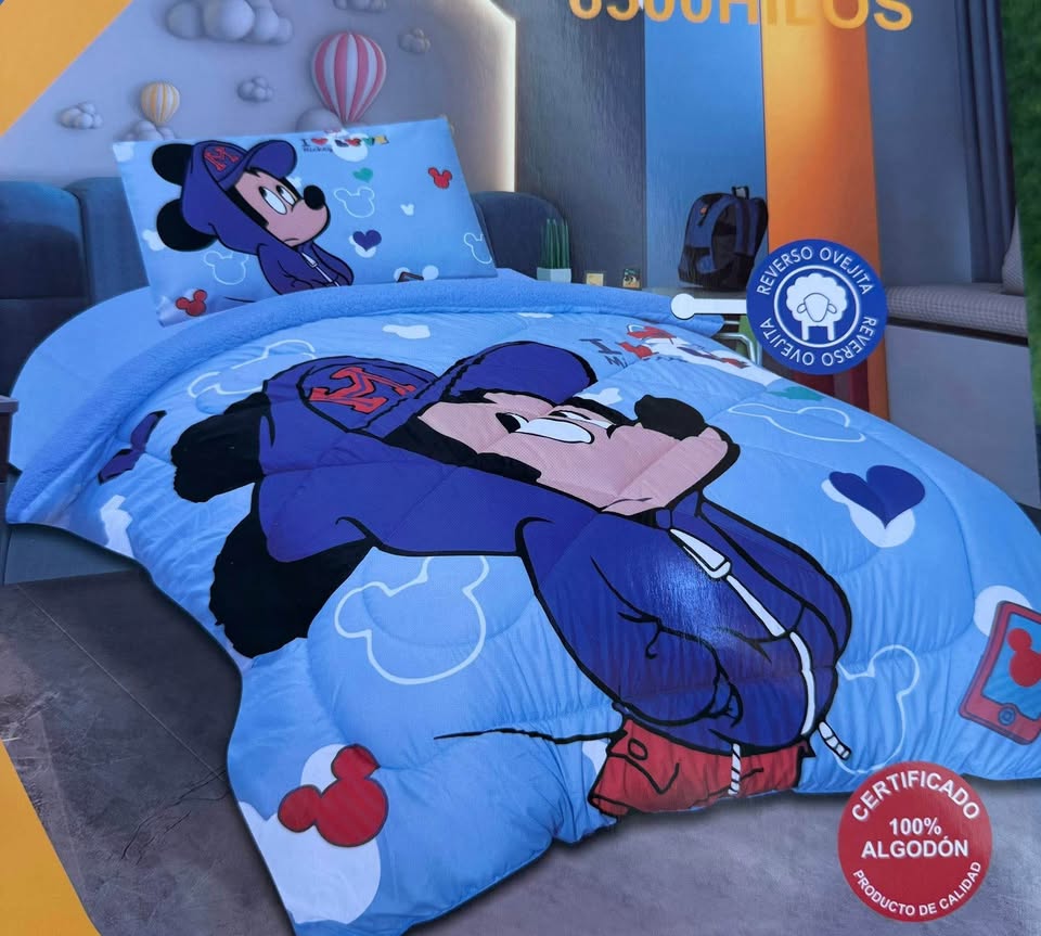 ACOLCHADO REVERSIBLE + FUNDA 1 PLAZA Y MEDIA MICKEY