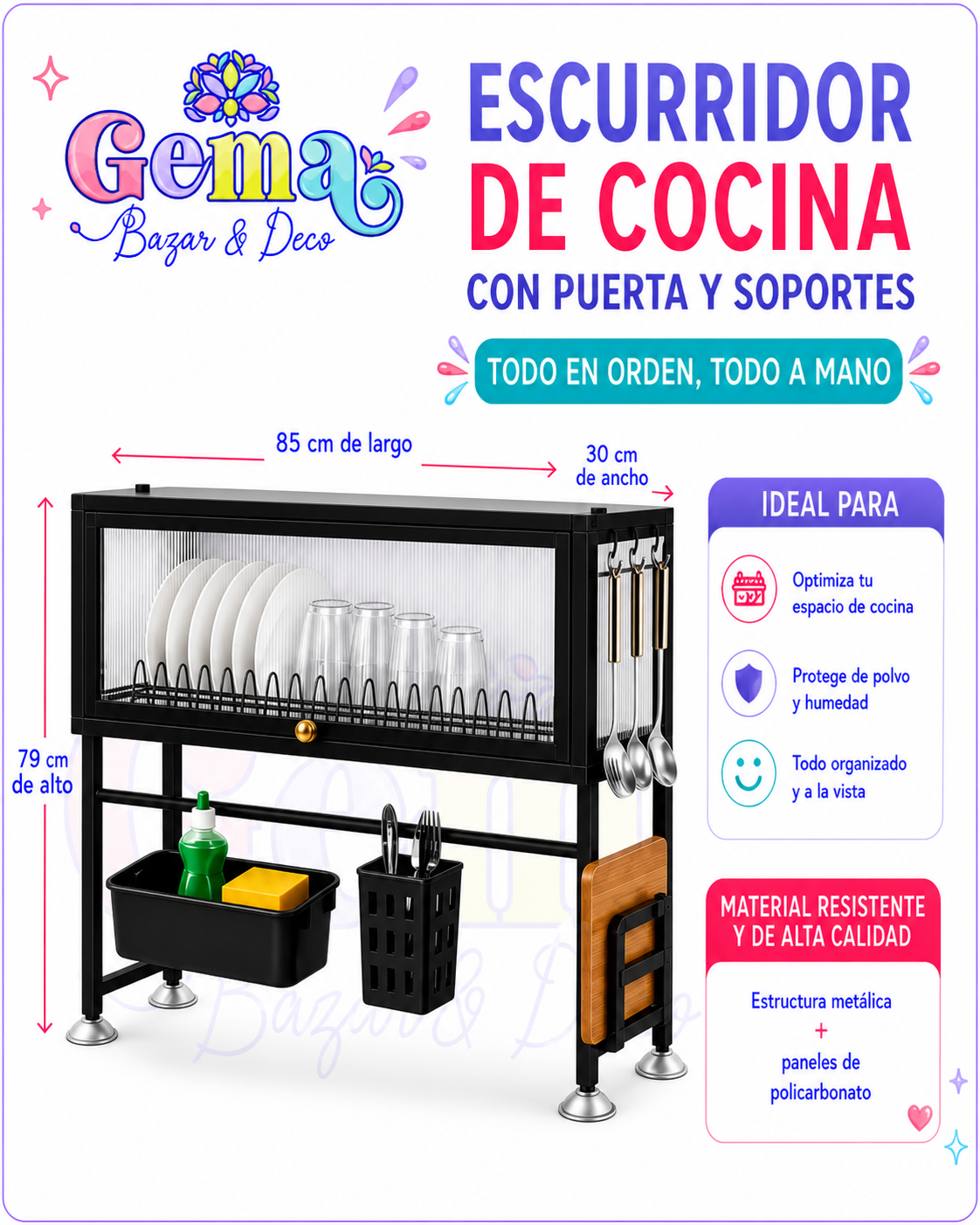 ORGANIZADOR ESCURRIDOR SOBRE MESADA PARA COCINA 85X79X30 CM CON PUERTA - Imagen 2