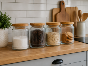 Set 4 frascos de vidrio con tapa de madera